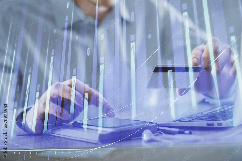 Poster double exposure of man hands holding a credit card and forex graph drawing. stock trading and digita