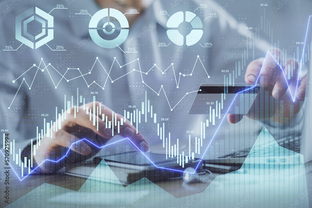 Poster double exposure of man hands holding a credit card and forex graph drawing. stock trading and digita