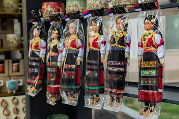 Belgrade, Serbia. February 11th, 2023. Serbian barbie doll dressed in traditional clothing on a souvenirs street shop.