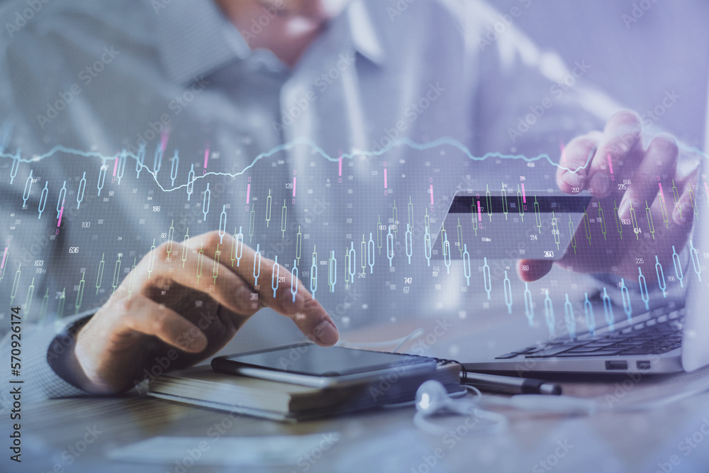 Poster double exposure of man hands holding a credit card and forex graph drawing. stock trading and digita