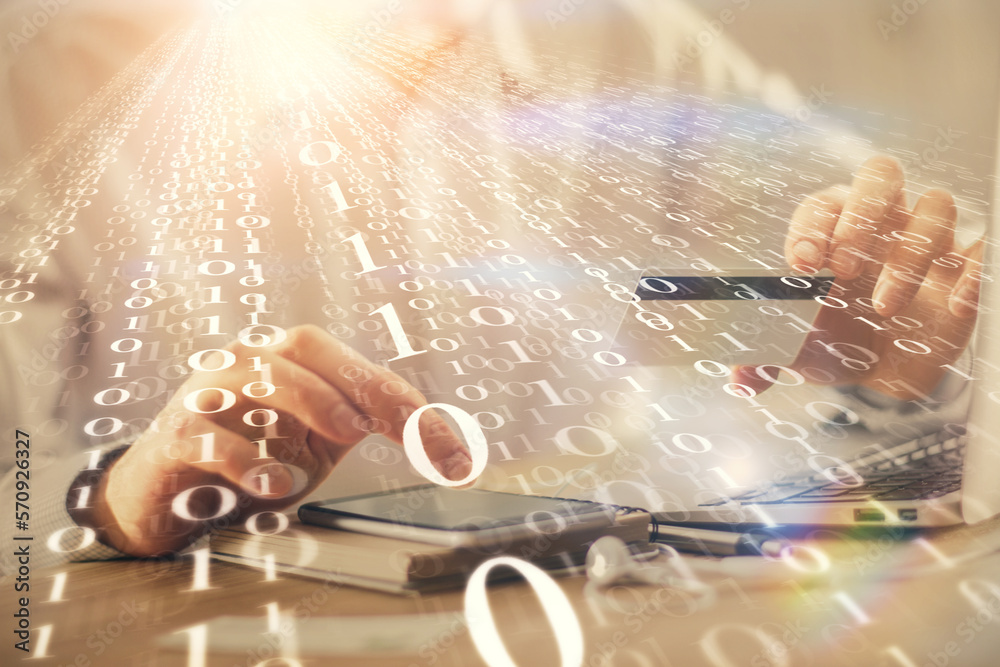 Poster double exposure of man hands holding a credit card and data theme drawing. e-commerce and technology