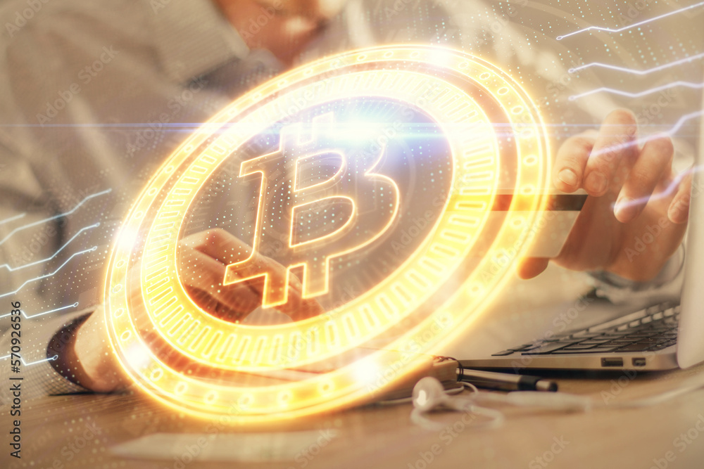 Poster double exposure of man hands holding a credit card and crypto business theme drawing. digital blockc