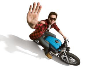 Man seat on the motorcycle on the transparent background.	