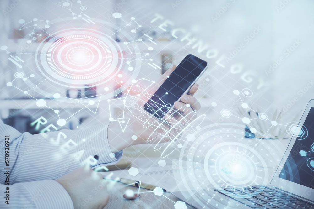 Poster double exposure of man's hand holding and using a digital device and data theme hologram drawing. te