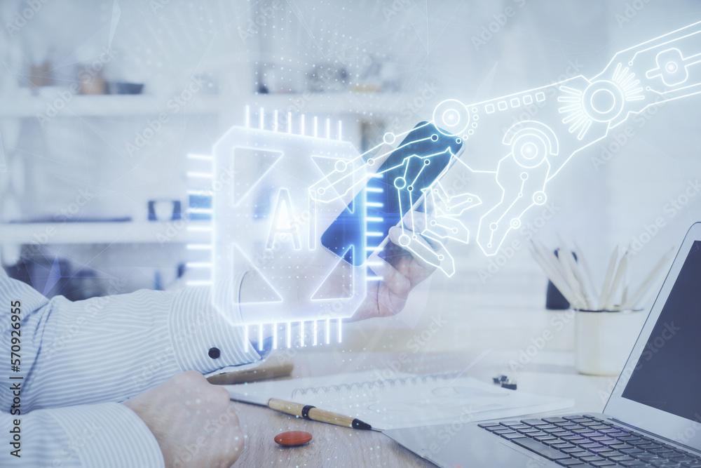 Poster Double exposure of man's hand holding and using a digital device and data theme hologram drawing. Technology concept.