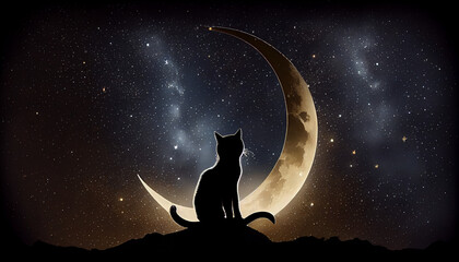Naklejka na ściany i meble A cat sitting on a crescent moon with stars in the background, generative ai