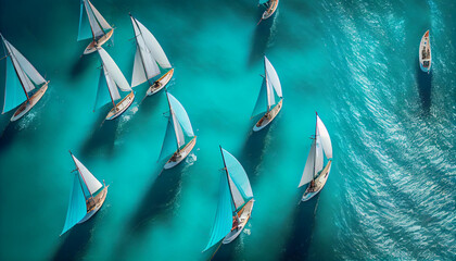 Beautiful sailboats sailing in a team in a sea, generative ai - obrazy, fototapety, plakaty