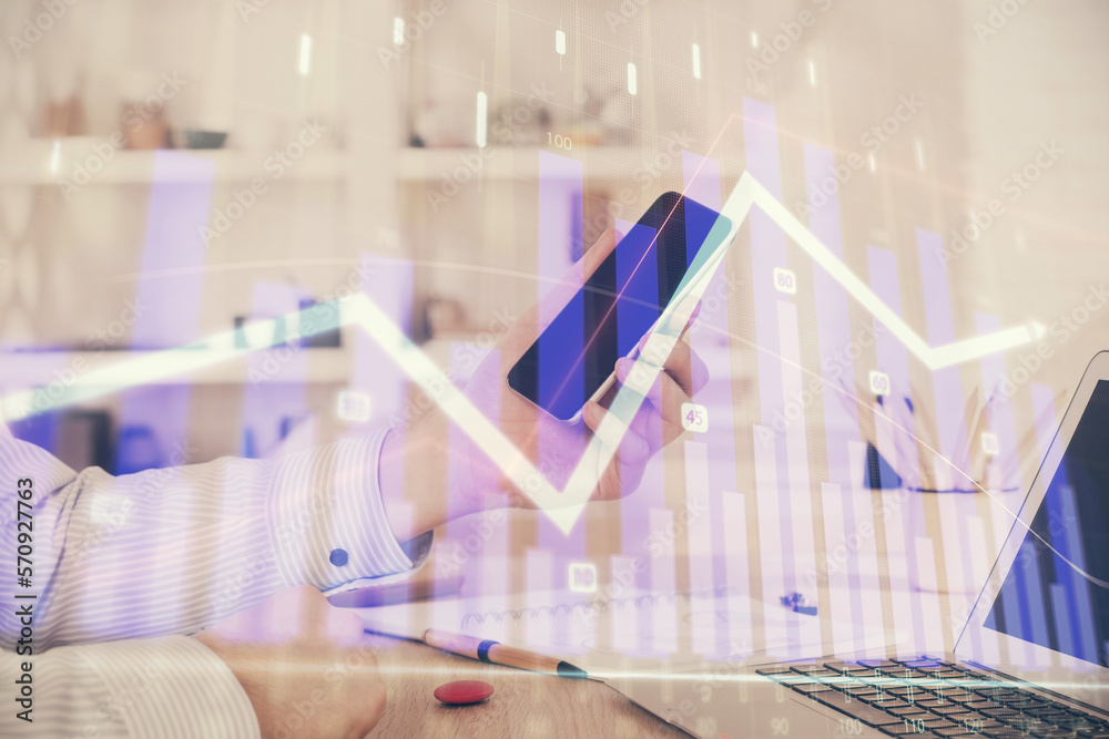 Poster Double exposure of man's hands holding and using a digital device and forex graph drawing. Financial market concept.