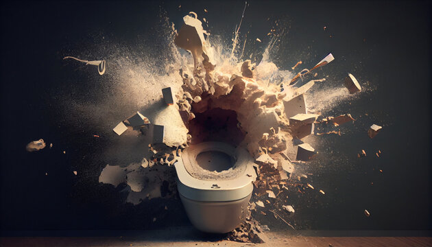Exploding toilet bowl in bathroom, generative ai