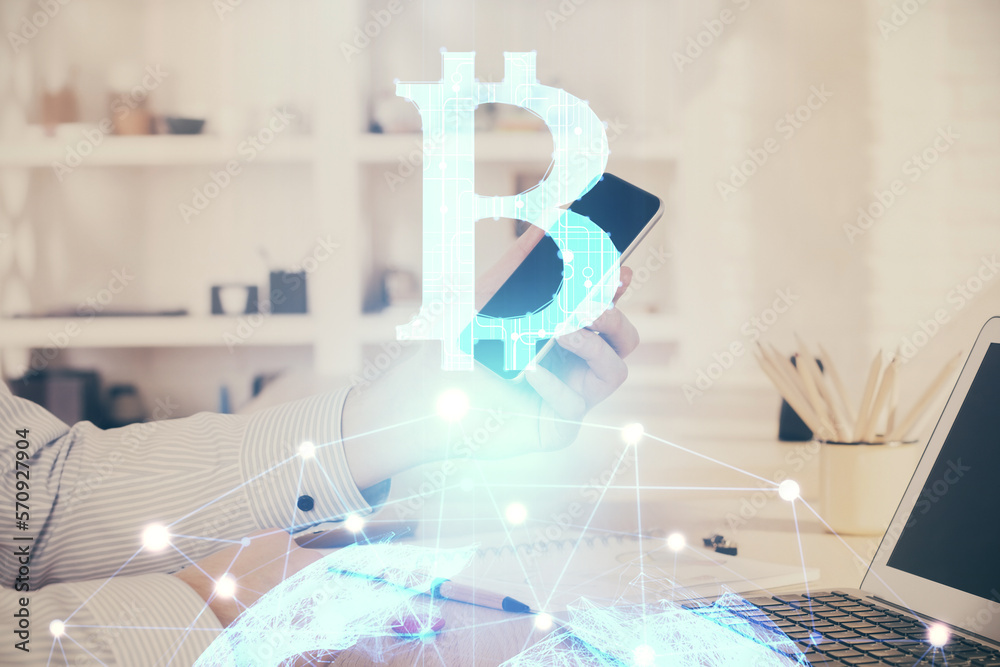 Poster Double exposure of man's hands holding and using a phone and crypto currency blockchain theme drawing.
