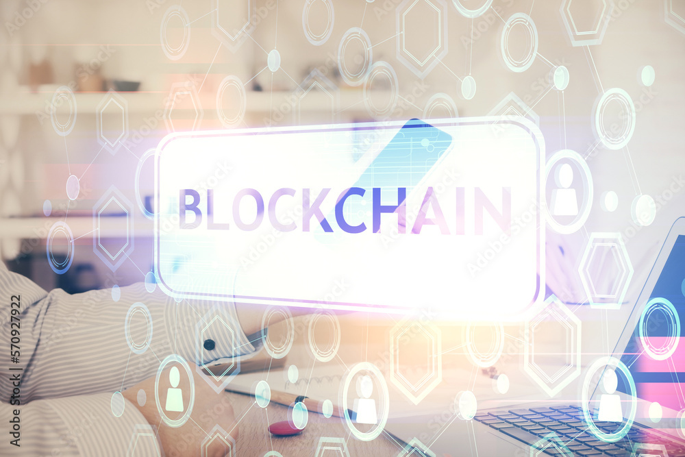 Poster Double exposure of man's hands holding and using a phone and crypto currency blockchain theme drawing.