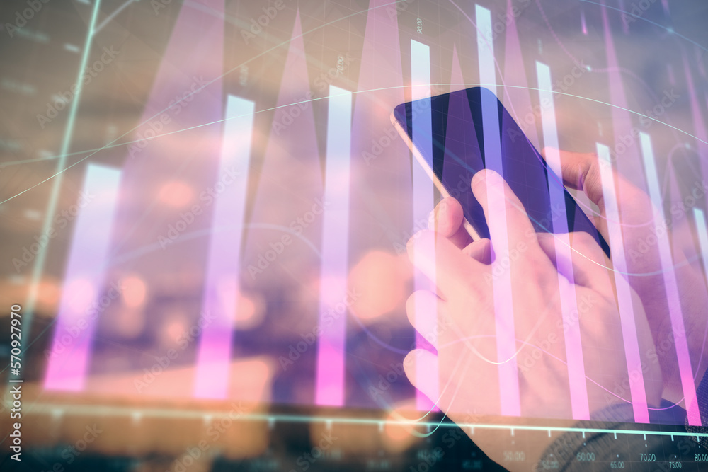 Poster double exposure of man's hands holding and using a digital device and forex graph drawing. financial