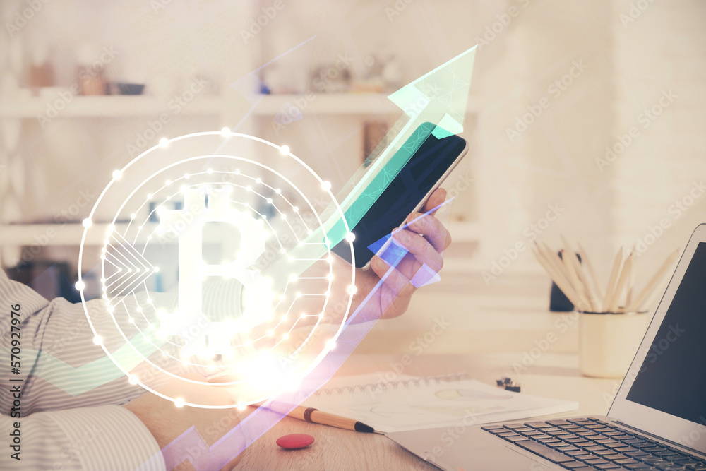 Poster double exposure of man's hands holding and using a phone and crypto currency blockchain theme drawin