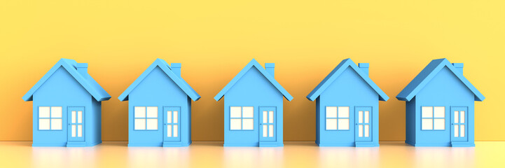 Blue house on yellow background. Hunting and searching concept. 3D Rendering