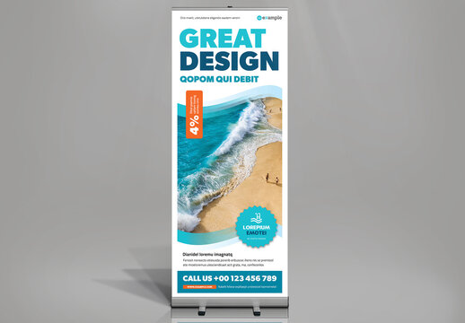 White and Blue Roll-up Banner Design Template with Orange Accents