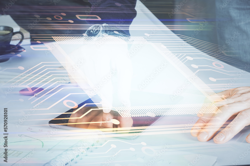 Poster Double exposure of man's hand holding and using a digital device and data theme drawing. Technology concept.