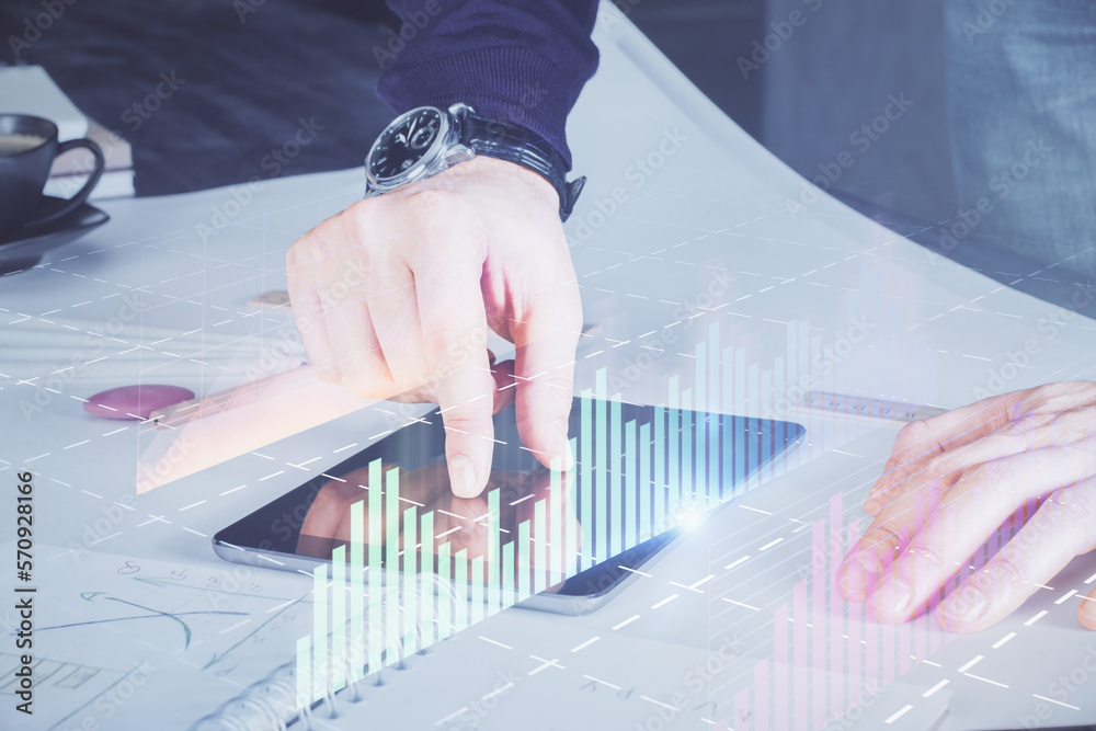 Poster Double exposure of man's hands holding and using a digital device and forex graph drawing. Financial market concept.