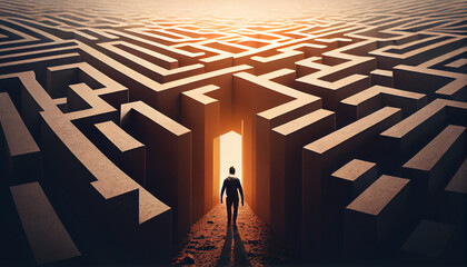 Obraz na płótnie Canvas Man walking into a big labyrinth, finding a solution for hard problem, generative ai