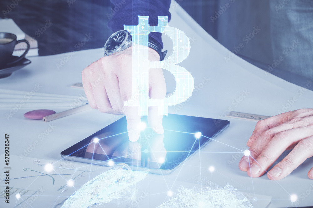 Poster Double exposure of man's hands holding and using a phone and crypto currency blockchain theme drawing.