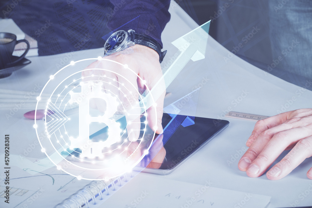 Poster double exposure of man's hands holding and using a phone and crypto currency blockchain theme drawin