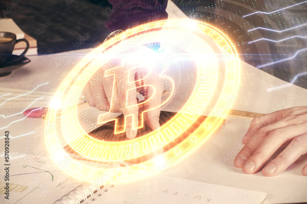 Poster double exposure of man's hands holding and using a phone and crypto currency blockchain theme drawin
