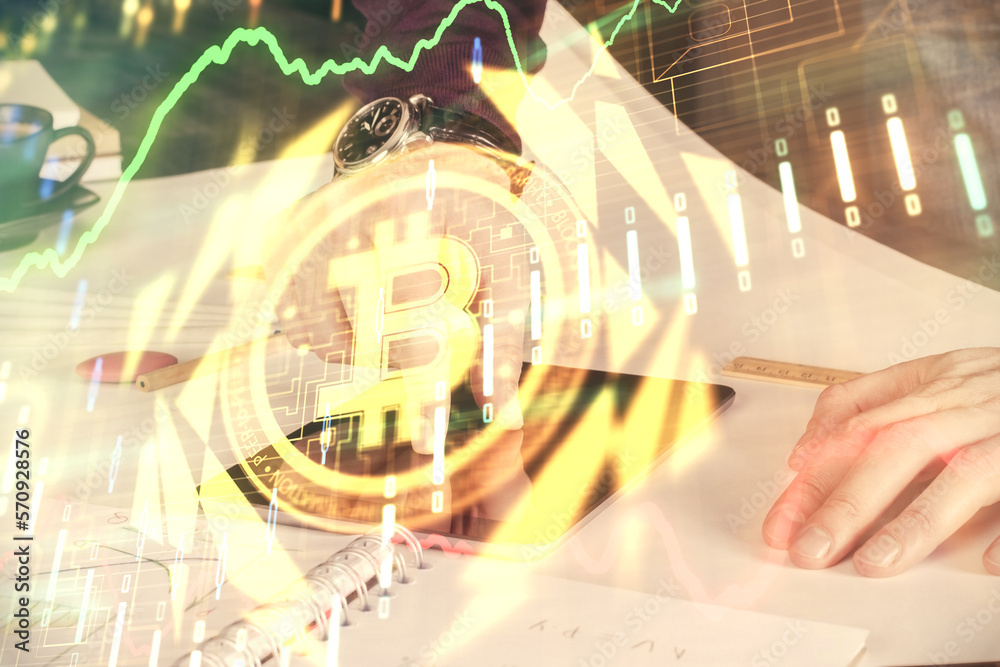 Poster double exposure of man's hands holding and using a phone and crypto currency blockchain theme drawin