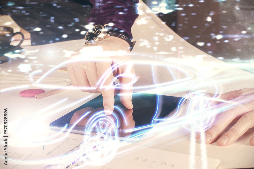 Aufkleber double exposure of man's hands holding and using a digital device and automobile theme hologram draw
