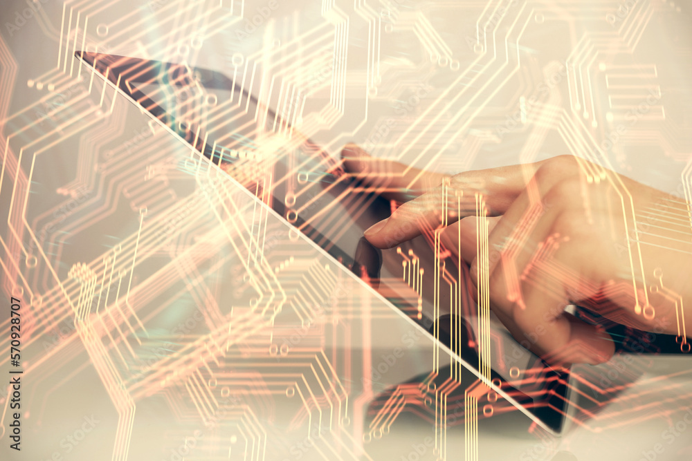 Poster double exposure of man's hands holding and using a digital device and tech theme hologram drawing. t