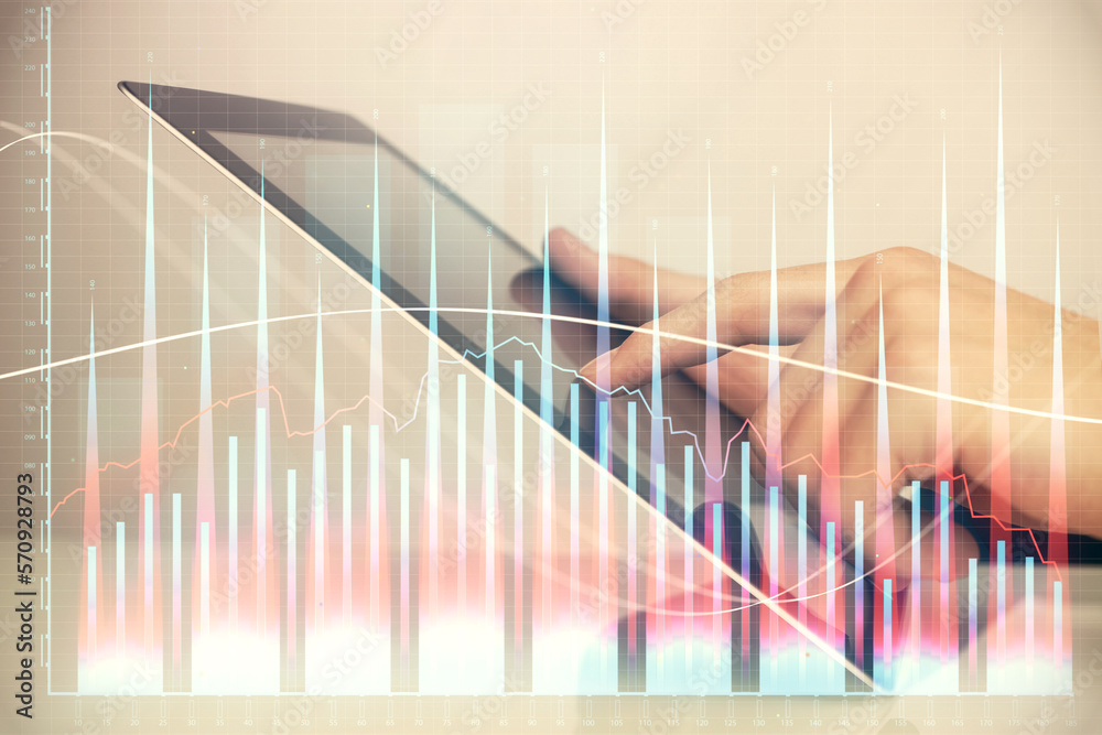 Poster multi exposure of man's hands holding and using a digital phone and forex graph drawing. financial m