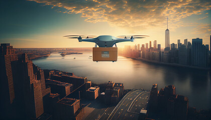 Top view delivery drone in new york, generative ai