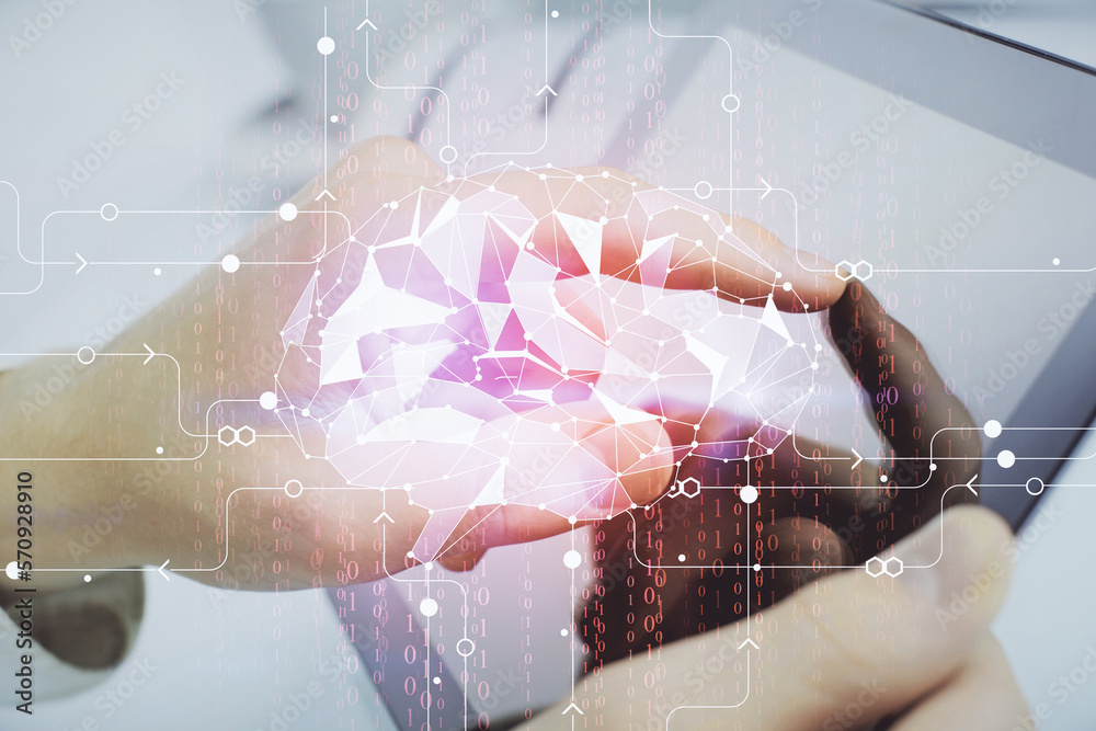 Poster double exposure of man's hand holding and using a digital device and brain hologram drawing. data co