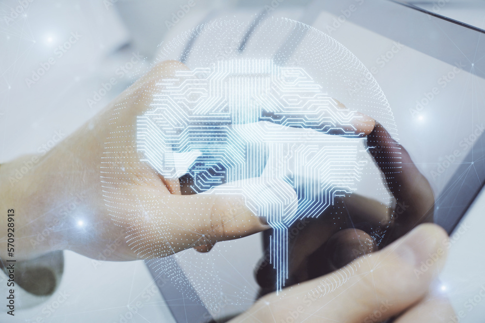 Poster Double exposure of man's hand holding and using a digital device and brain hologram drawing. Data concept.