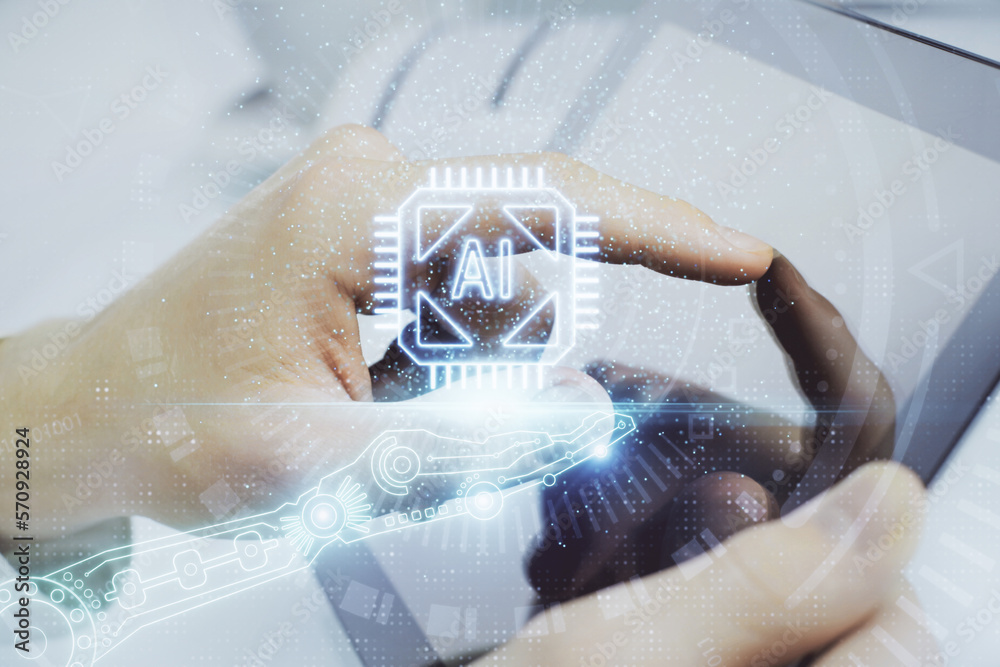Poster Multi exposure of man's hand holding and using a digital device and data theme drawing. Innovation concept.