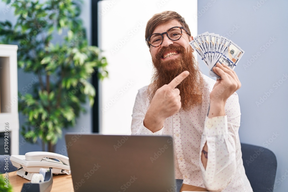 Sticker Caucasian man with long beard working using computer laptop holding dollars smiling happy pointing with hand and finger