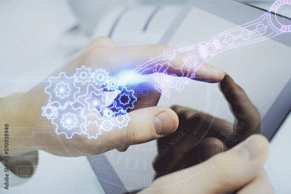 Poster Multi exposure of man's hand holding and using a digital device and data theme drawing. Innovation concept.