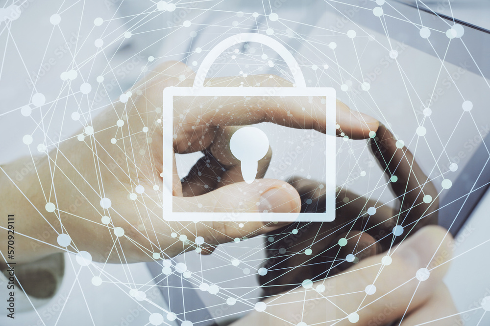 Poster Multi exposure of man's hands holding and using a digital device and lock drawing. Security concept.