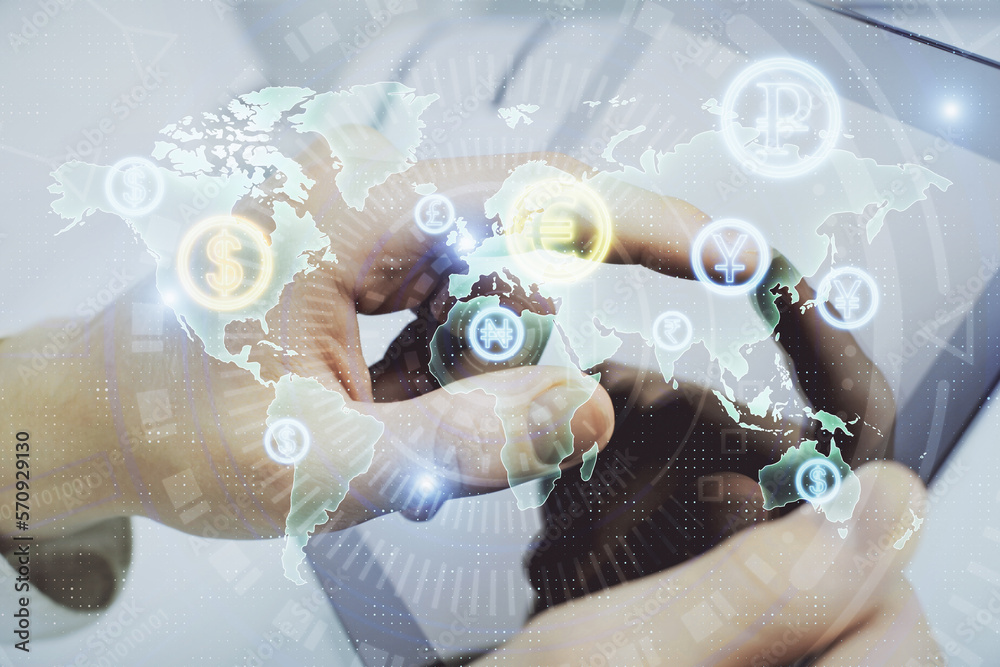 Poster multi exposure of man's hands holding and using a phone and financial chart drawing. market analysis