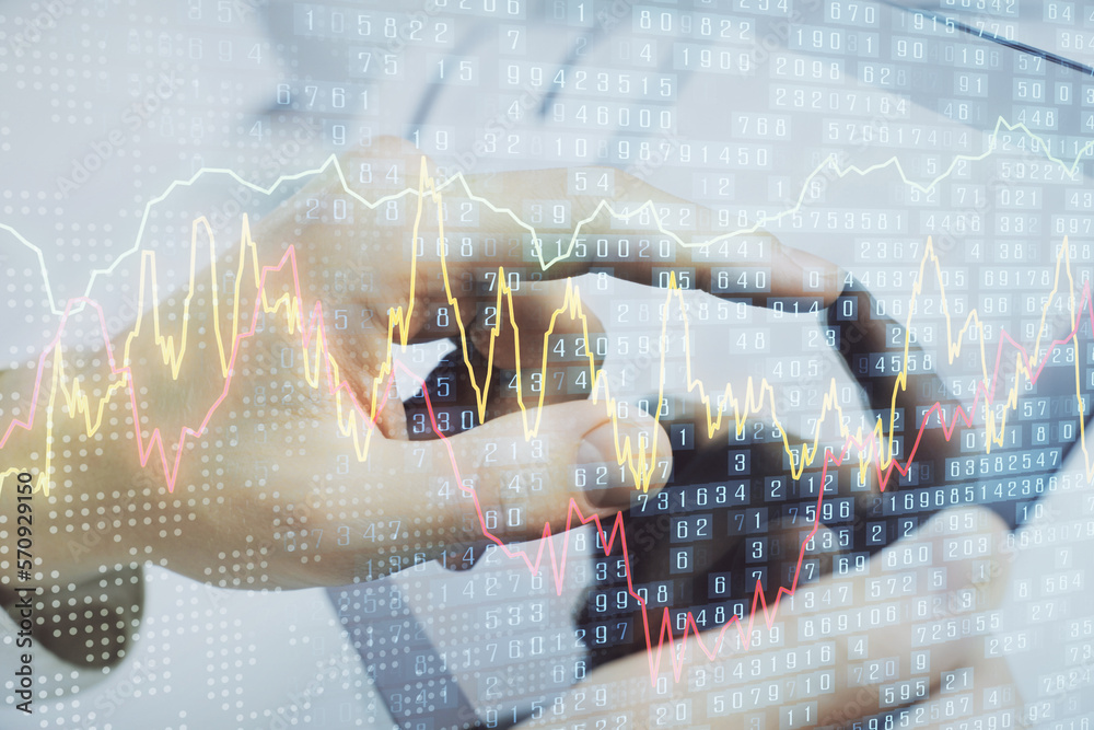 Poster multi exposure of man's hands holding and using a phone and financial chart drawing. market analysis