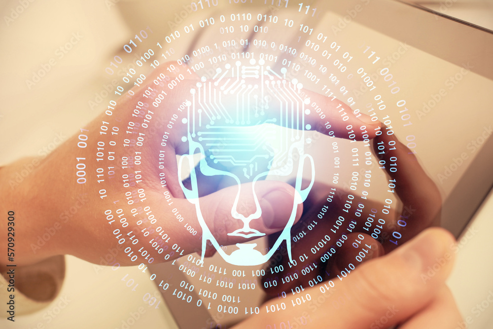 Poster Double exposure of man's hand holding and using a digital device and brain hologram drawing. Data concept.