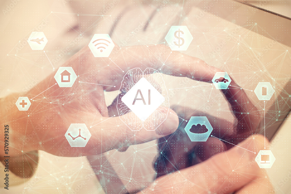 Poster Multi exposure of man's hand holding and using a digital device and data theme drawing. Innovation concept.