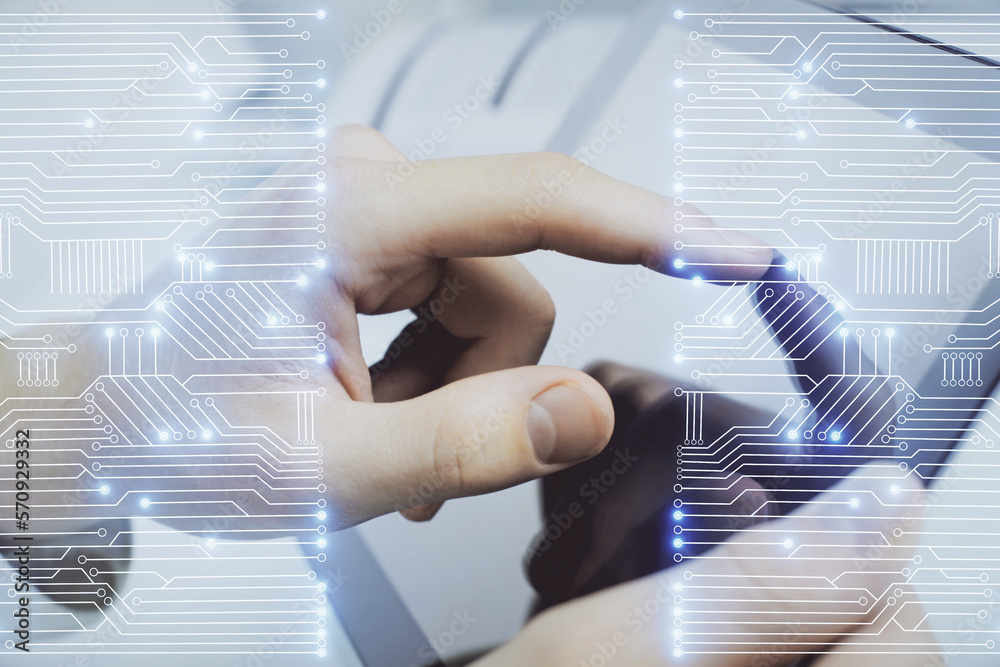 Poster double exposure of man's hands holding and using a digital device and tech theme hologram drawing. t