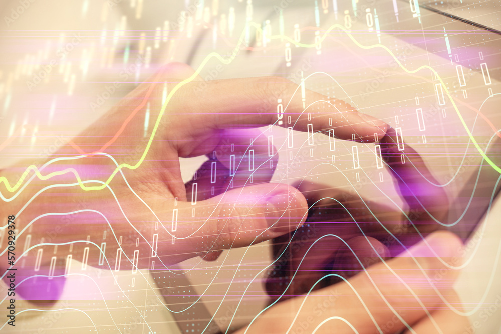 Poster multi exposure of man's hands holding and using a phone and financial chart drawing. market analysis