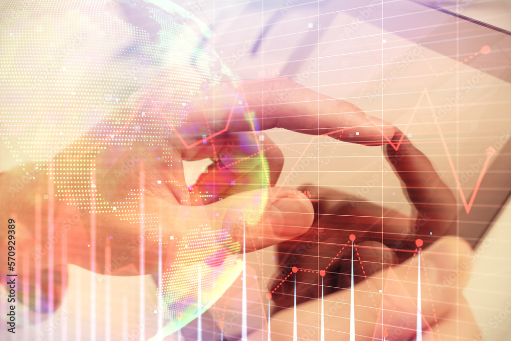 Poster multi exposure of man's hands holding and using a phone and financial chart drawing. market analysis