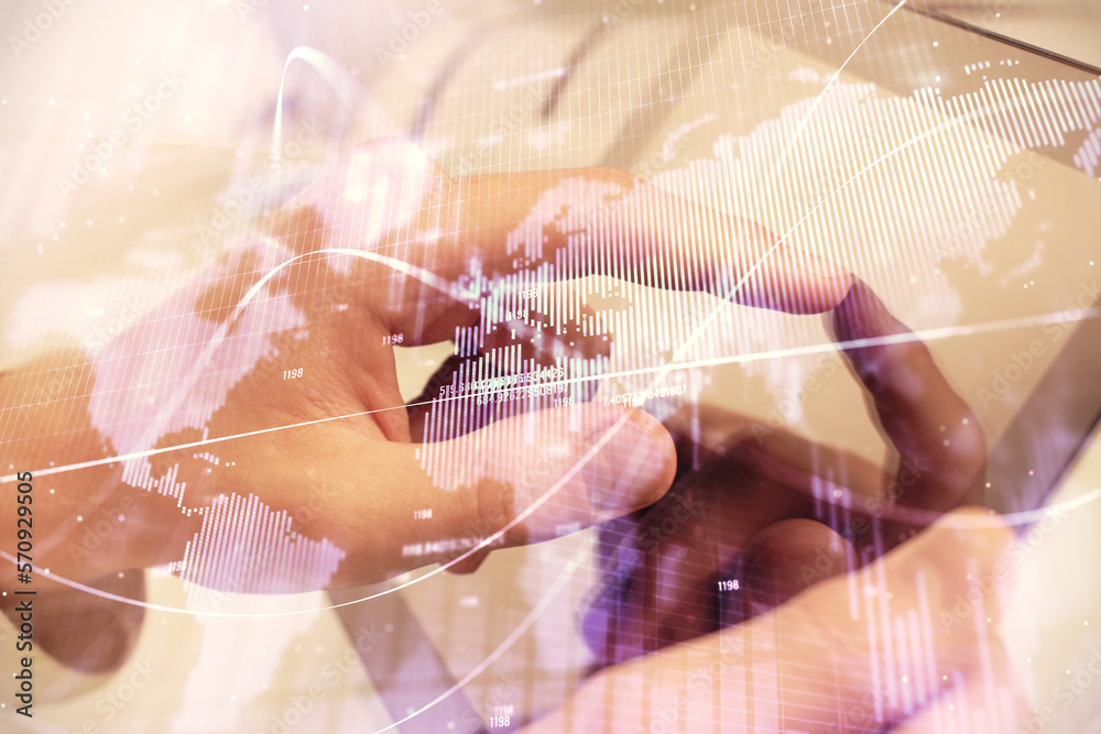 Poster multi exposure of man's hands holding and using a phone and financial chart drawing. market analysis