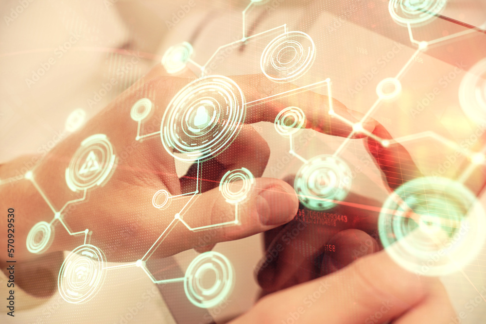 Poster double exposure of man's hands holding and using a phone and social network theme drawing.