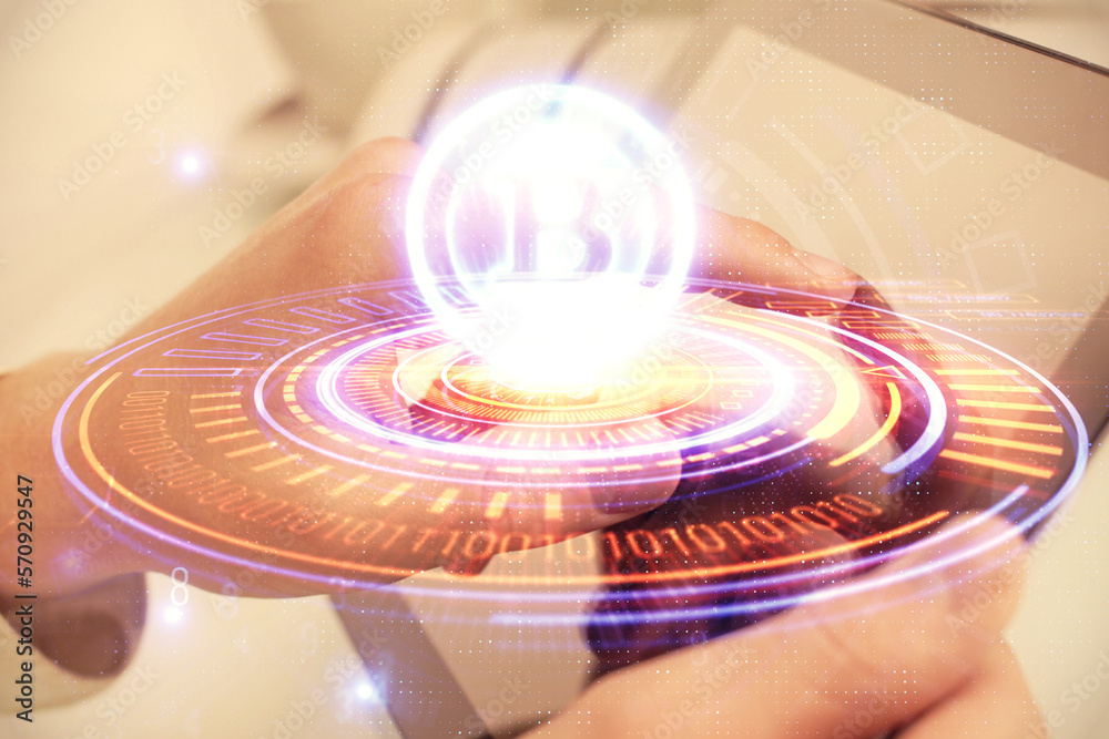Poster Double exposure of man's hands holding and using a phone and crypto currency blockchain theme drawing.