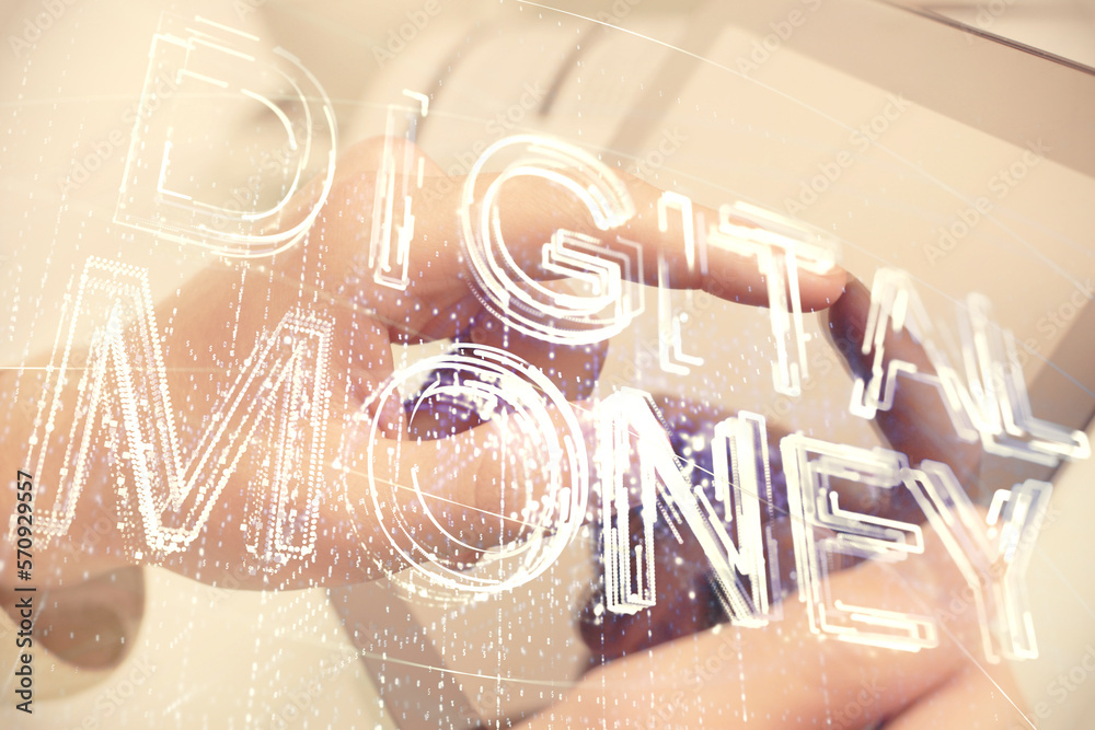 Poster double exposure of man's hands holding and using a phone and crypto currency blockchain theme drawin