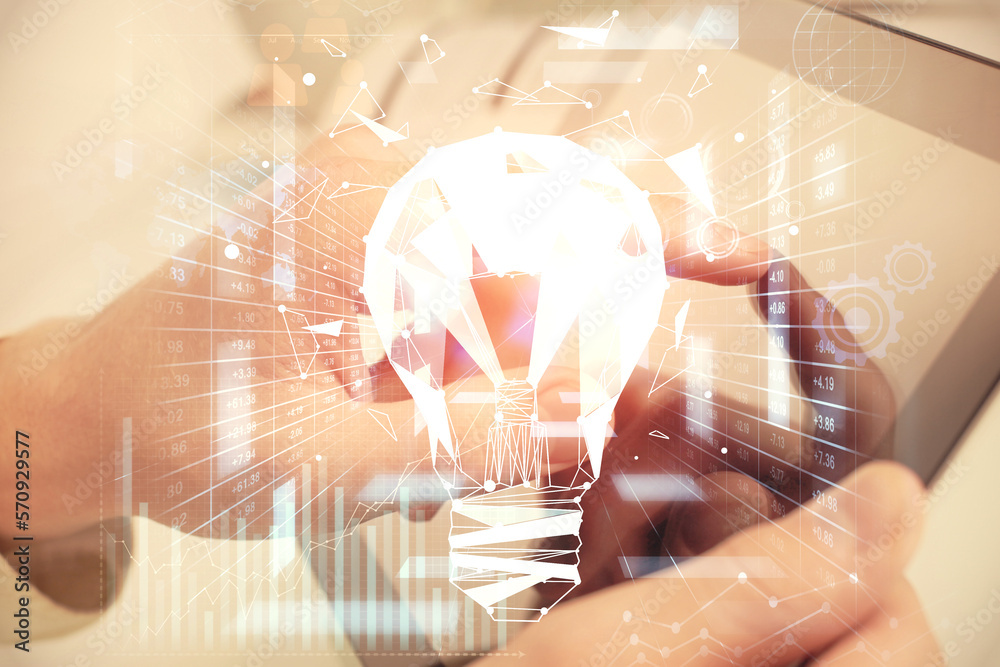 Aufkleber double exposure of man's hands holding and using a digital device and bulb hologram drawing. idea co
