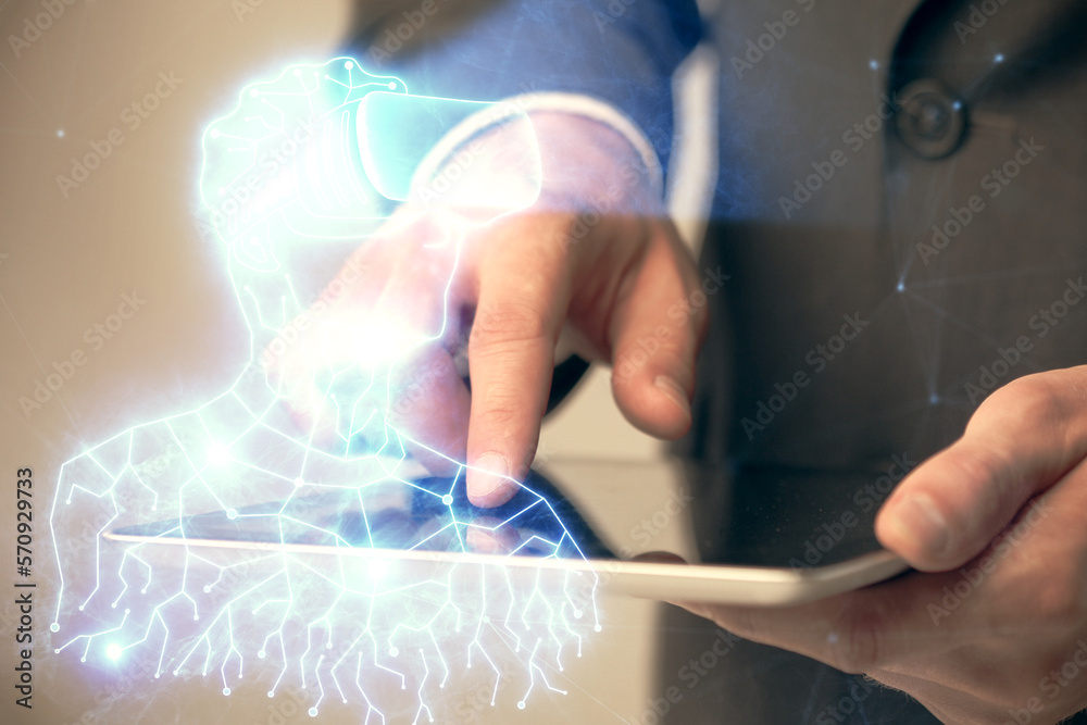 Poster double exposure of man's hands holding and using a digital device and ar glasses drawing. virtual re