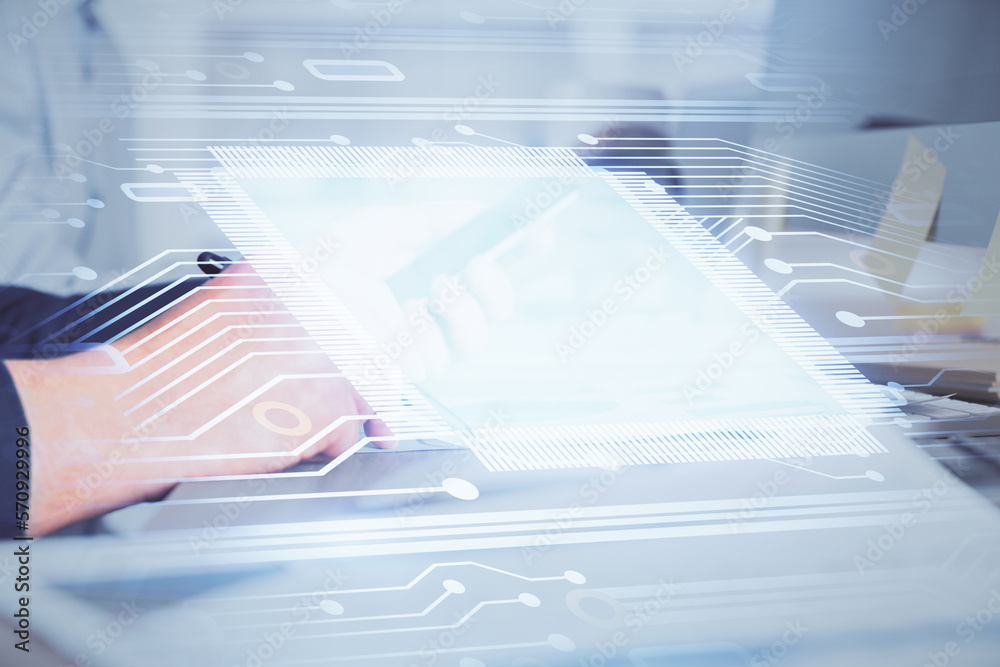 Poster Multi exposure of man's hands holding and using a digital device and data theme drawing. Innovation concept.